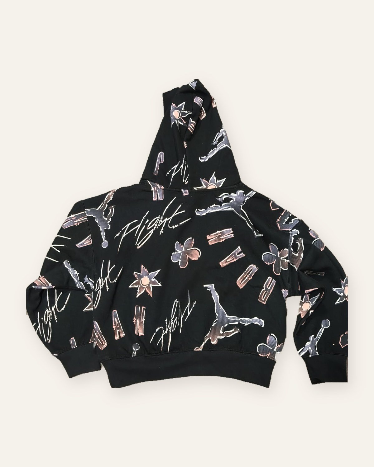 Jordan kids' hoodie black all-over print – back view with Flight script