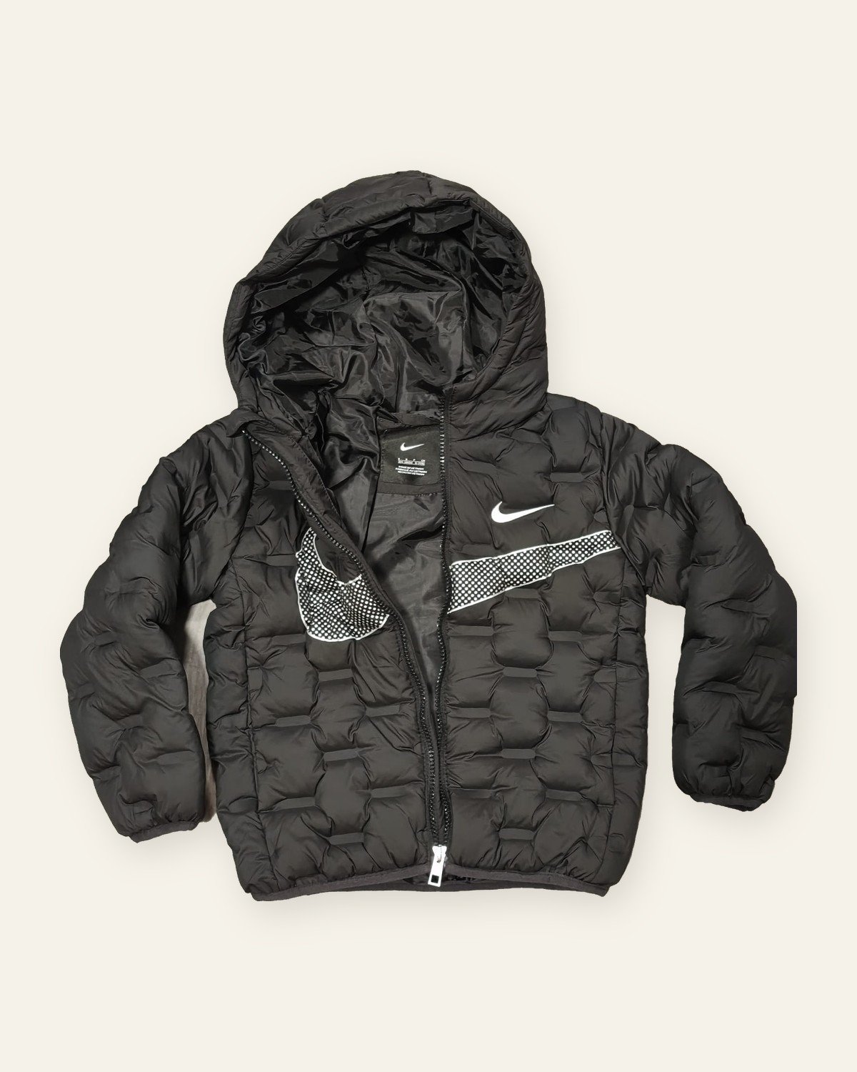 Nike Kids' Hooded Puffer Jacket, Black – open, inside view